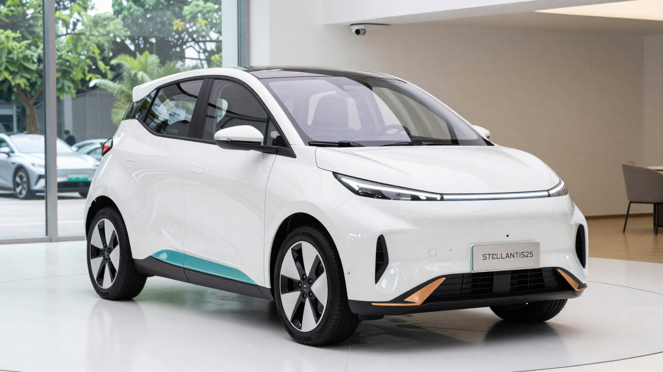 Weißer, moderner kompakter Elektroauto-Stadtauto im Ausstellungsraum auf weißem Boden.