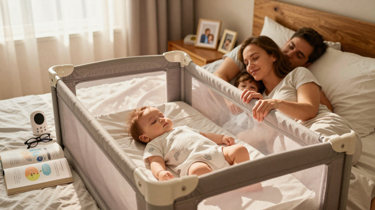Schlafendes Baby im Reisebett, Eltern und Kind liegen entspannt im Bett im Hintergrund.