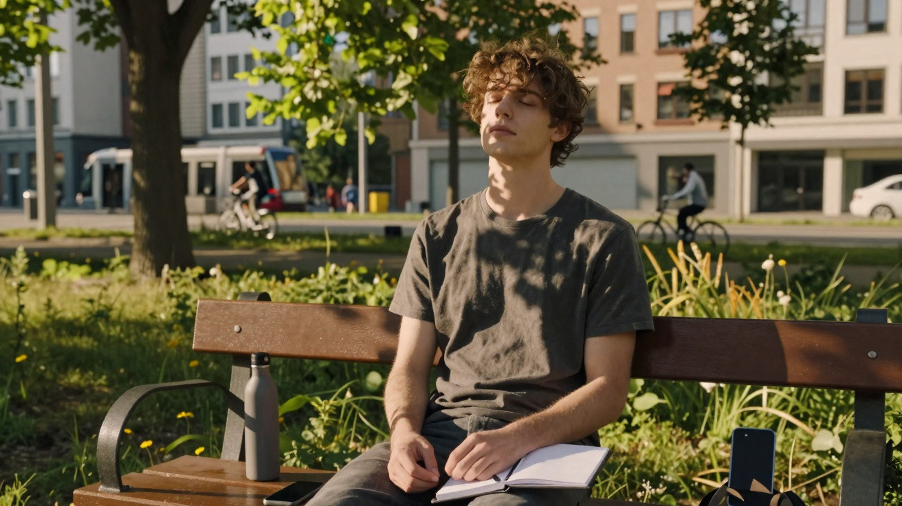 Junger Mann sitzt entspannt auf Parkbank, umgeben von Pflanzen, mit Notizbuch und Wasserflasche.