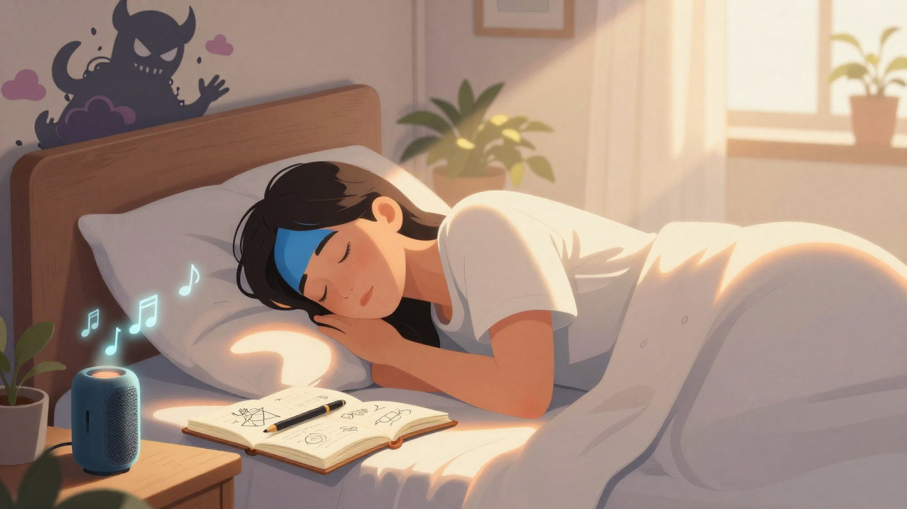 Frau schläft im Bett, umgeben von Pflanzen, mit offenem Buch und Musik aus Lautsprecher, dämonische Wandzeichnung sichtbar.
