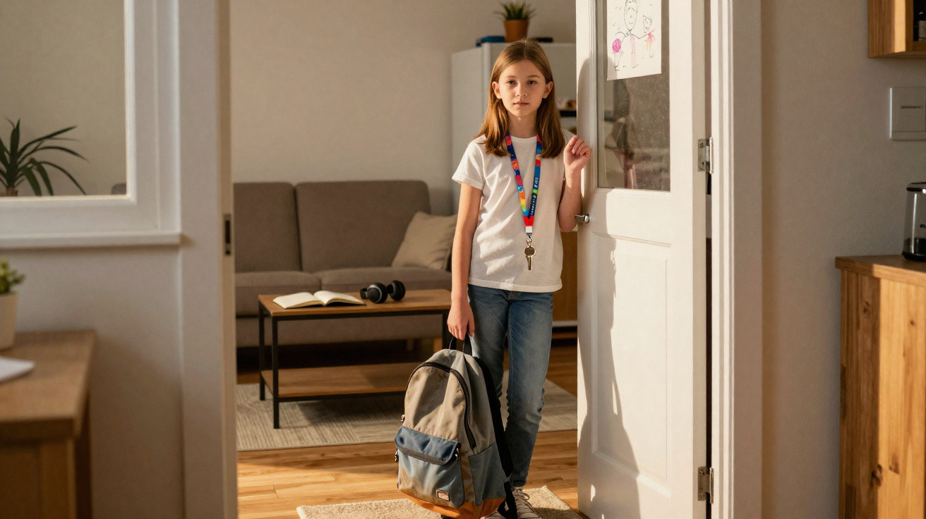 Mädchen mit Schlüsselanhänger und Rucksack steht im Türrahmen eines gemütlichen Wohnzimmers.
