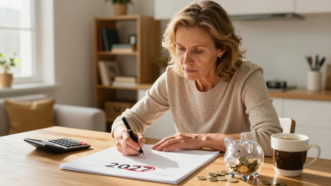 Frau markiert das Jahr 2027 in einem Kalender, daneben Geldmünzen in einem Sparschwein und eine Tasse Kaffee.