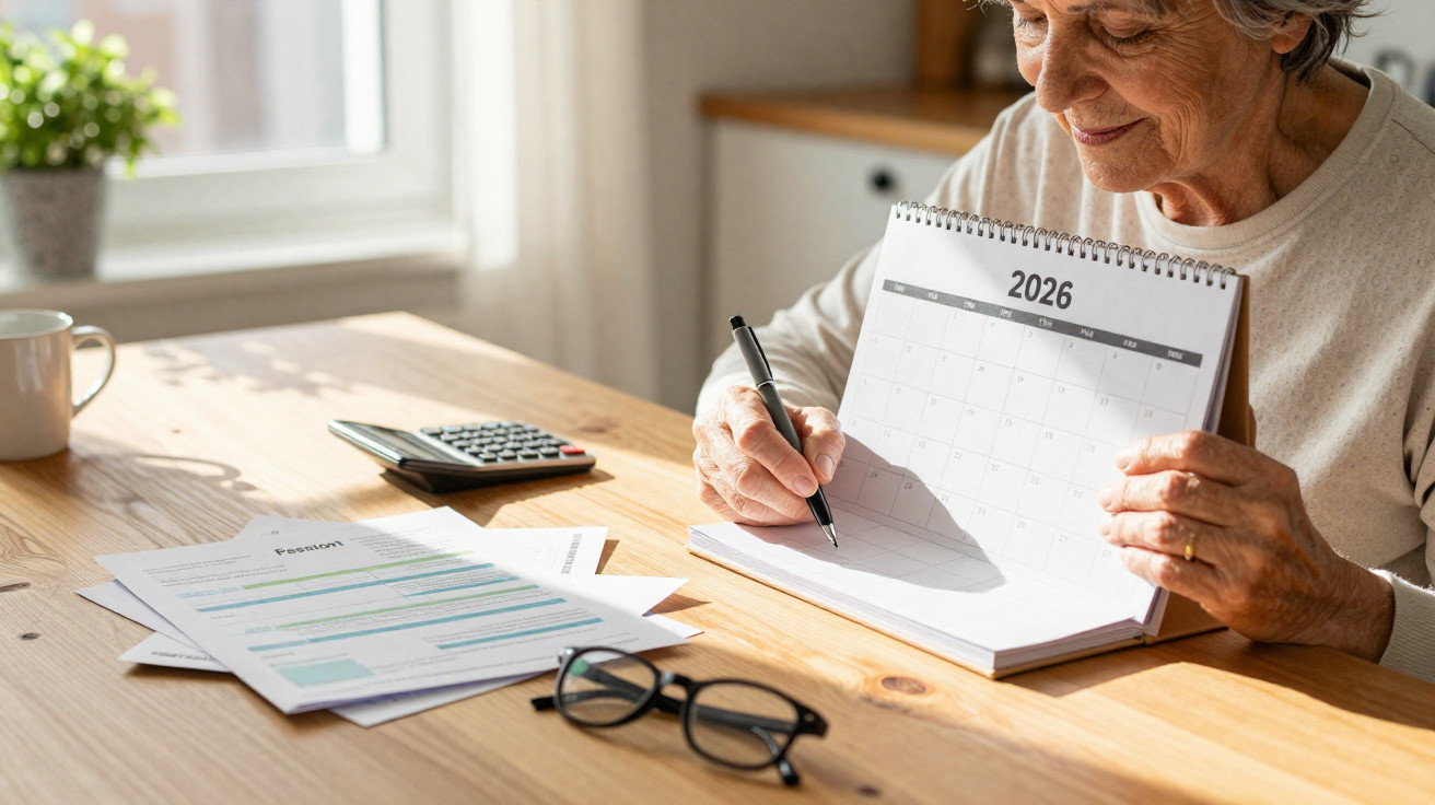 Ältere Frau plant Termine in einem 2026 Kalender am Tisch mit Brille, Unterlagen und Taschenrechner.