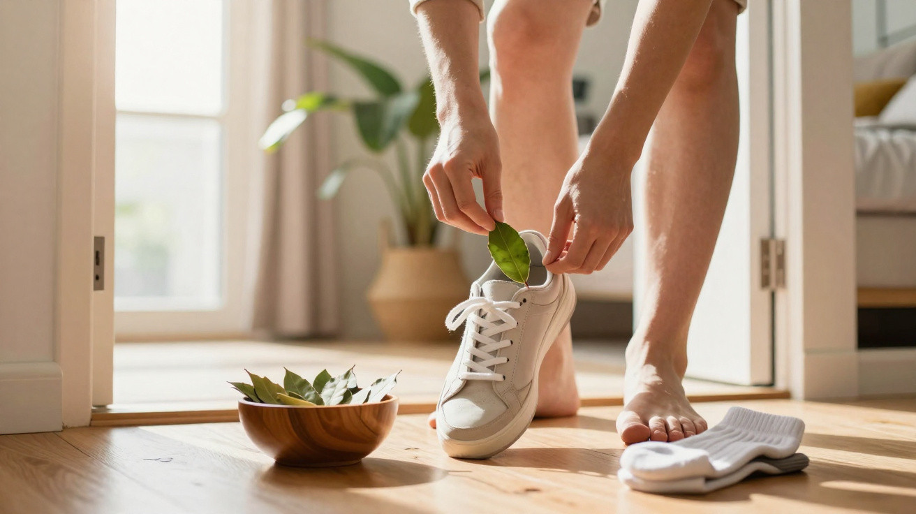 Person steckt ein Blatt in einen weißen Sneaker, daneben Schale mit Blättern und weiße Socken auf Holzfußboden.