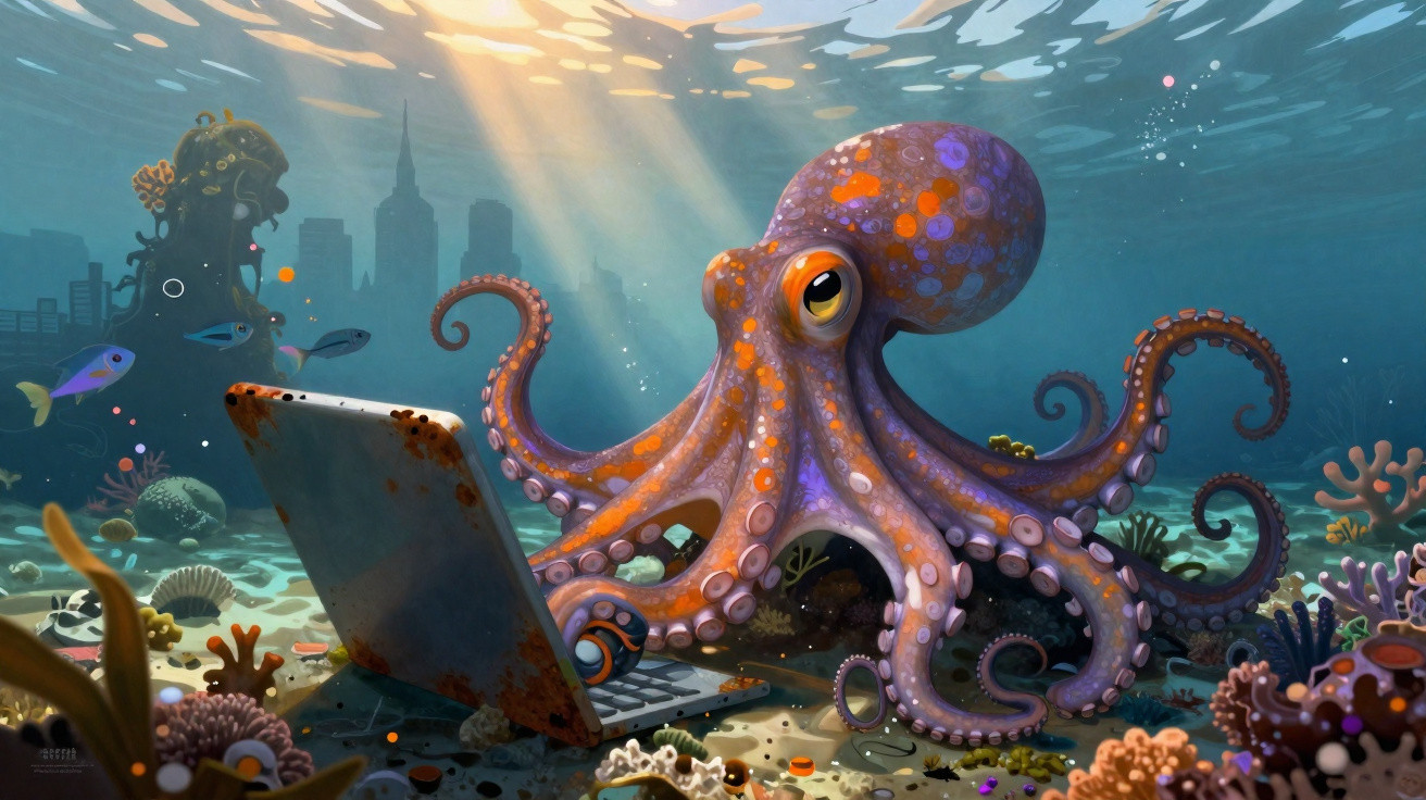 Ein Oktopus sitzt unter Wasser vor einem alten Laptop mit einer versunkenen Stadt im Hintergrund.