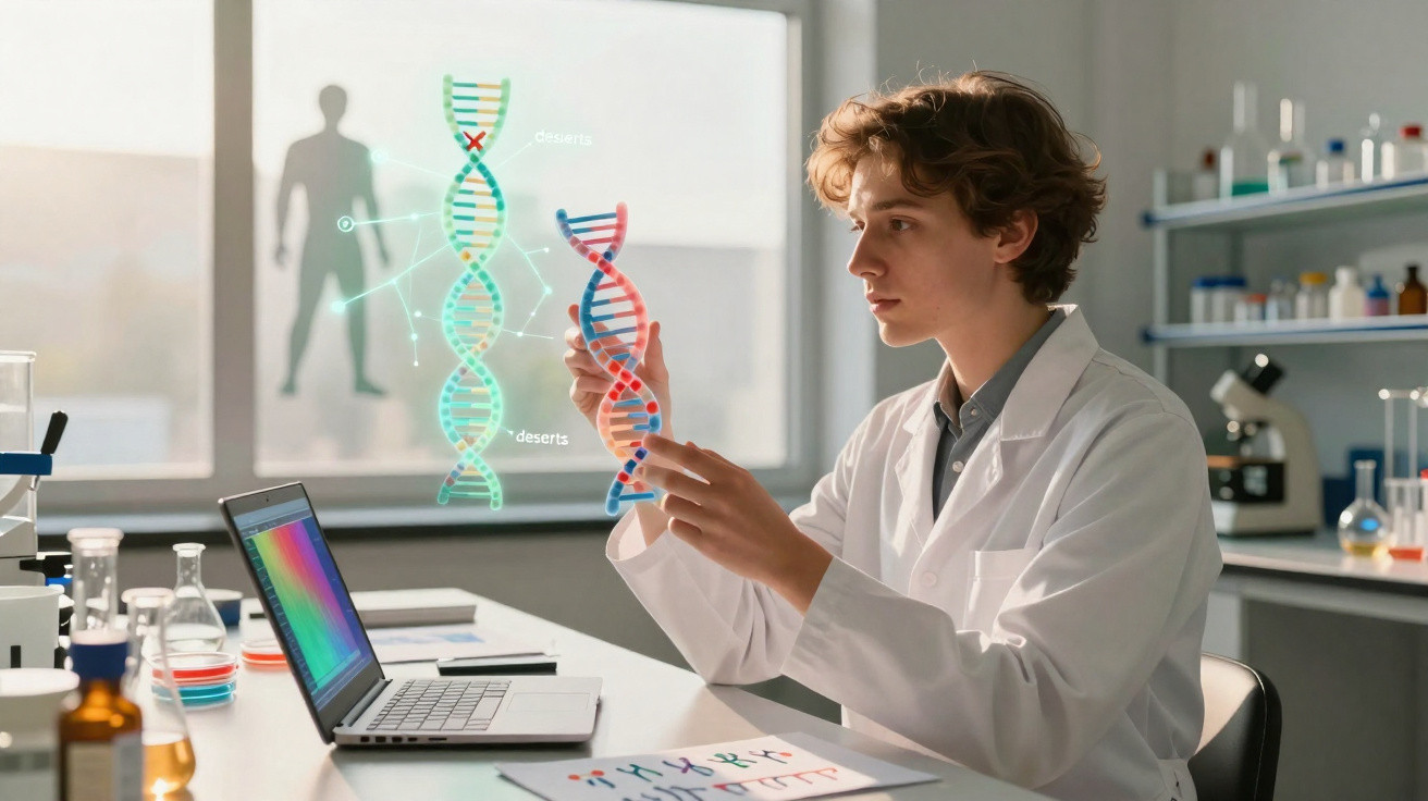 Junger Wissenschaftler im Labor analysiert DNA-Strukturen mit Laptop und digitalen Grafiken.