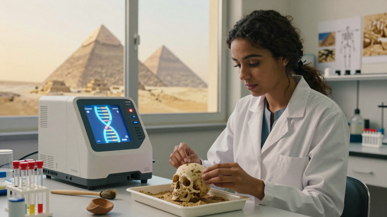 Wissenschaftlerin untersucht Schädel in Labor mit Blick auf die ägyptischen Pyramiden im Hintergrund.