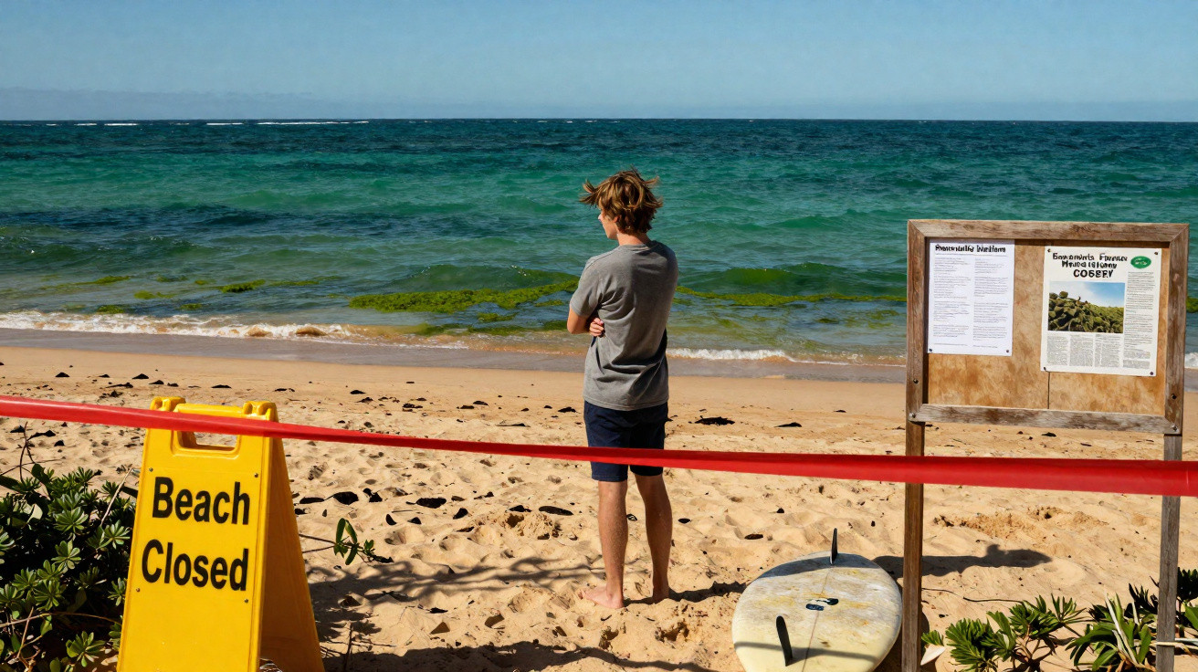 Junge steht vor abgesperrtem Strand mit Surfbrettern und Warnschild „Beach Closed“ am Meer.