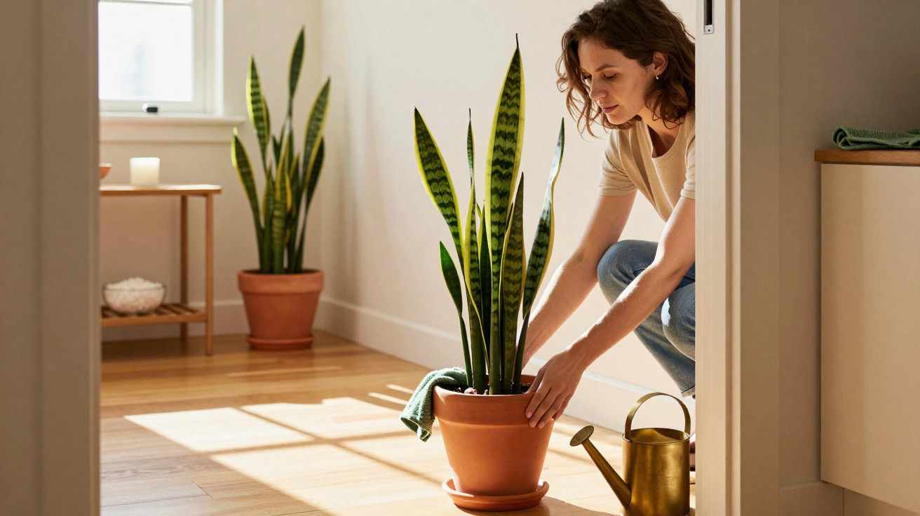 Frau gießt Zimmerpflanze Sansevieria in Topf in hellem Wohnzimmer mit Holzboden und Kerze auf Tisch.