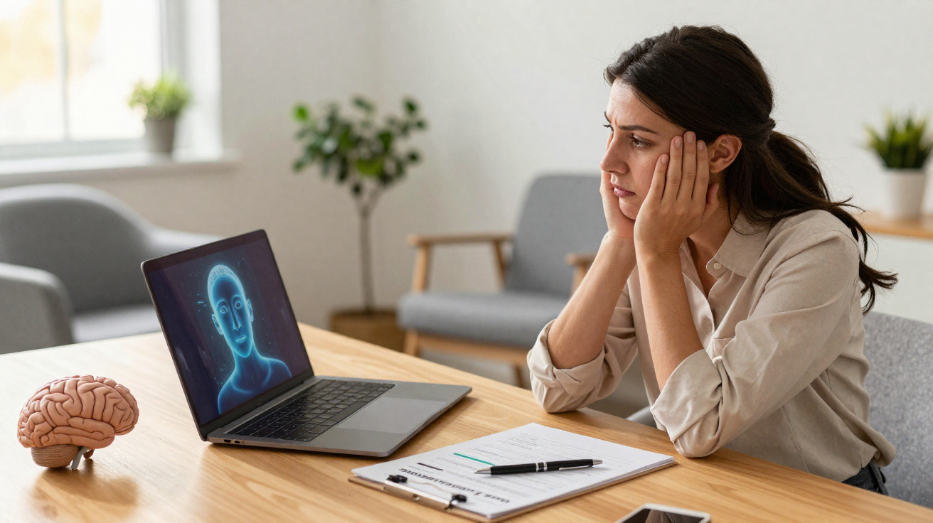 Frau sitzt nachdenklich an Tisch mit Gehirnmodell, Laptop mit digitaler Gesichtsprojektion und Dokumenten.