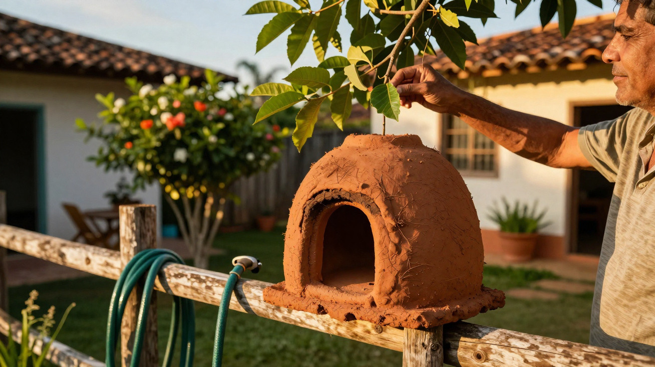 Mann pflanzt einen kleinen Baum in einen selbstgemachten Lehmtopf im Garten an einem sonnigen Tag.