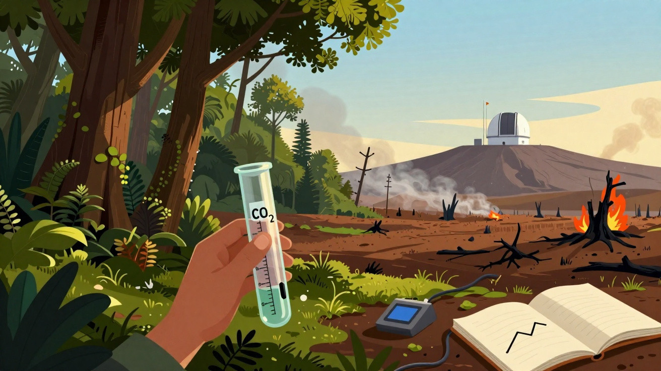 Hand hält ein Reagenzglas mit CO2, im Hintergrund brennt eine verbrannte Landschaft mit Bäumen und Beobachtungsgerät.