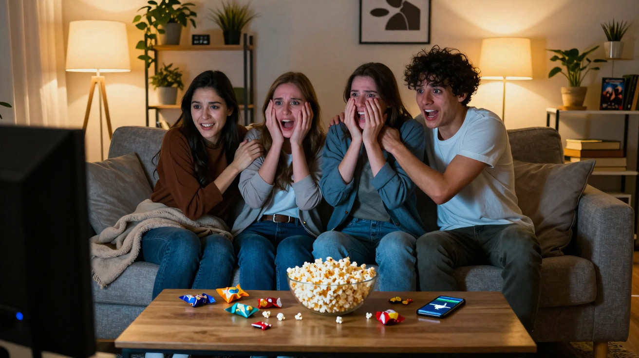 Vier junge Erwachsene sitzen auf einem Sofa, schauen gespannt fern und essen Popcorn im gemütlichen Wohnzimmer.