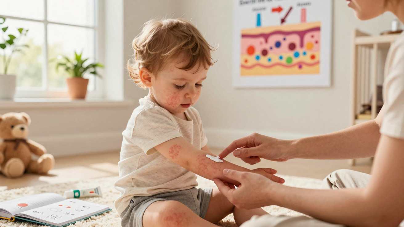 Kind mit Hautausschlag bekommt von Erwachsener Salbe auf den Arm im hellen Kinderzimmer aufgetragen.