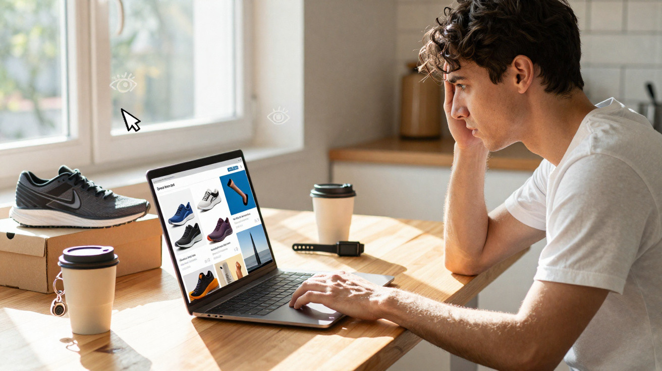 Junger Mann sitzt am Tisch und schaut online Schuhe auf einem Laptop in hellem Raum an.