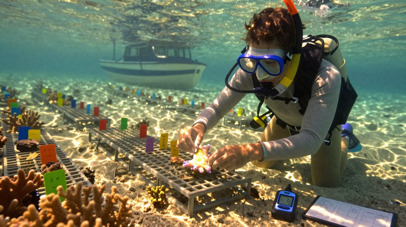 Taucher bei Unterwasser-Korallenrestaurierung mit Markierungen und Messgeräten im klaren Wasser.