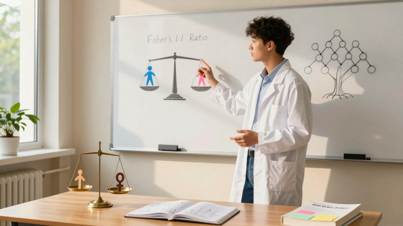 Junger Wissenschaftler im weißen Kittel erklärt das 1:1-Verhältnis von Mann und Frau an Whiteboard und Waage.