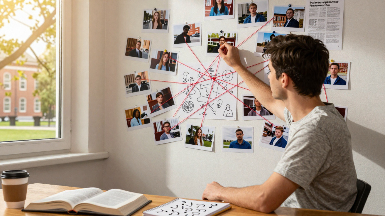 Mann analysiert mit roten Fäden ein Verbrechensnetzwerk anhand von Fotos und Notizen an einer Wand.