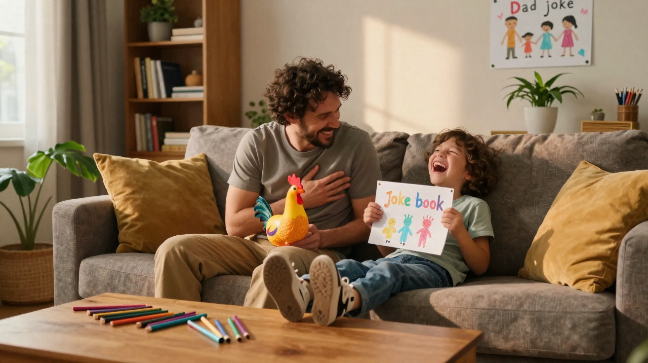 Vater und Sohn lachen zusammen auf dem Sofa, während sie ein buntes Witzebuch und ein Spielzeughuhn halten.