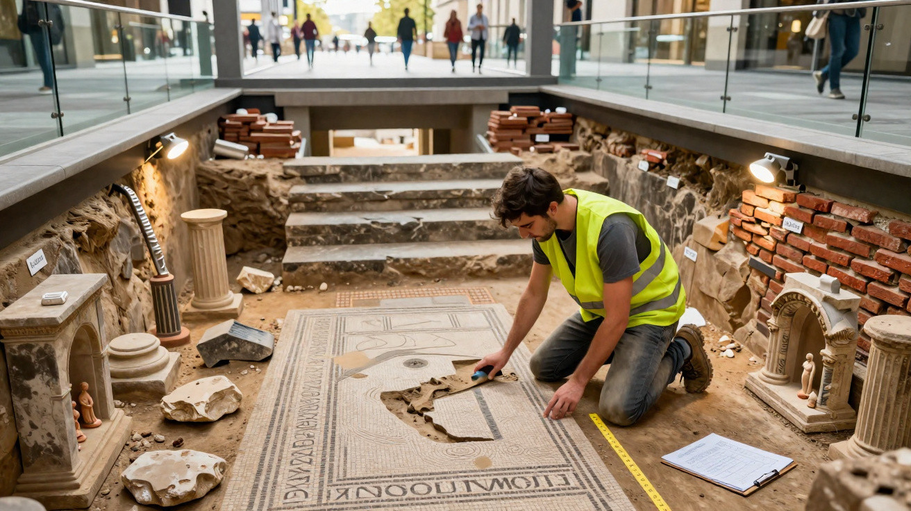 Archäologe rekonstruiert antikes Mosaik in einem Ausgrabungsbereich mit Säulen und Ziegelwänden.