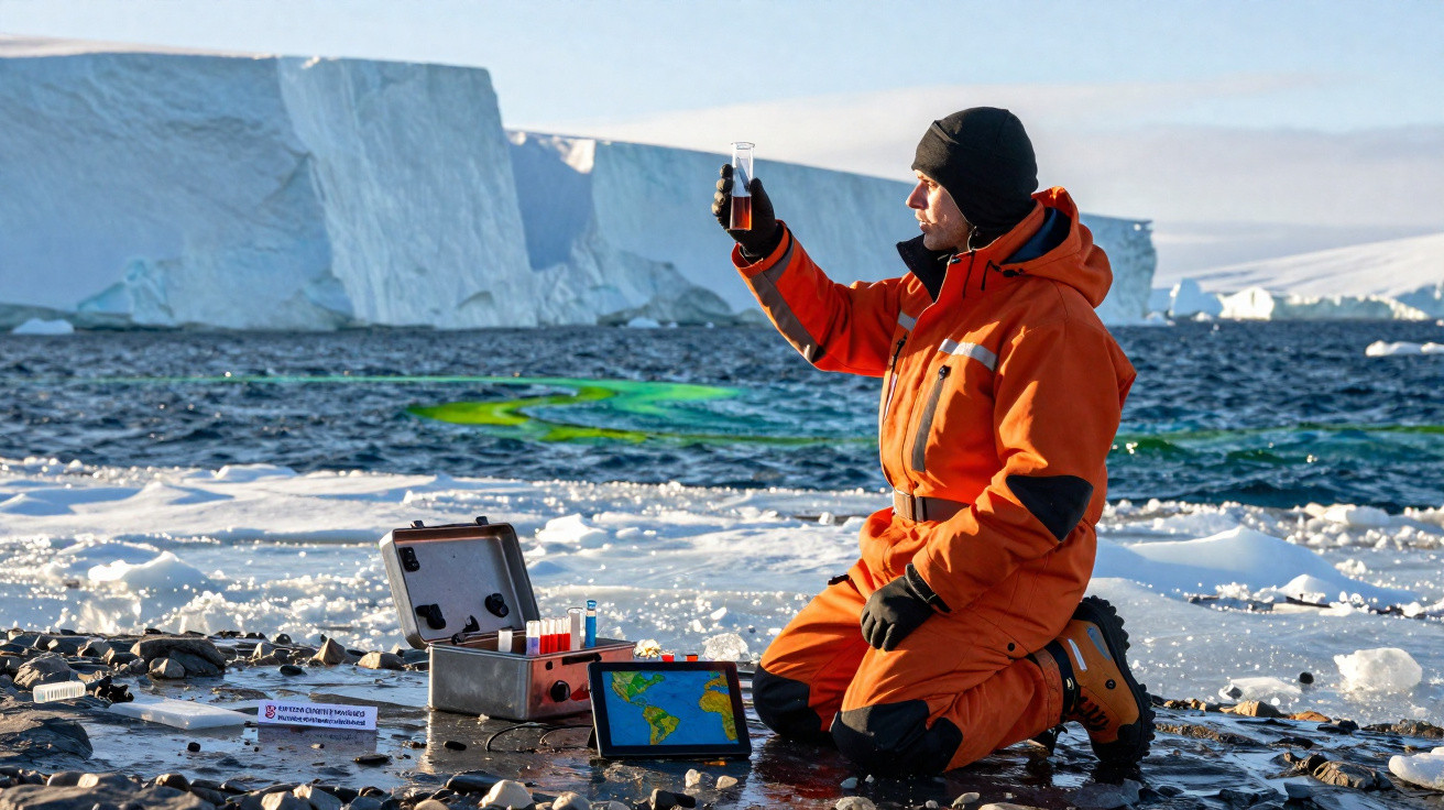 Wissenschaftler in orangem Anzug untersucht Wasserprobe am eisigen Ufer mit Eisbergen im Hintergrund.